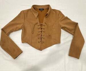 Julia by Love J Women's Camel Faux Suede Lace-Up Cropped Jacket